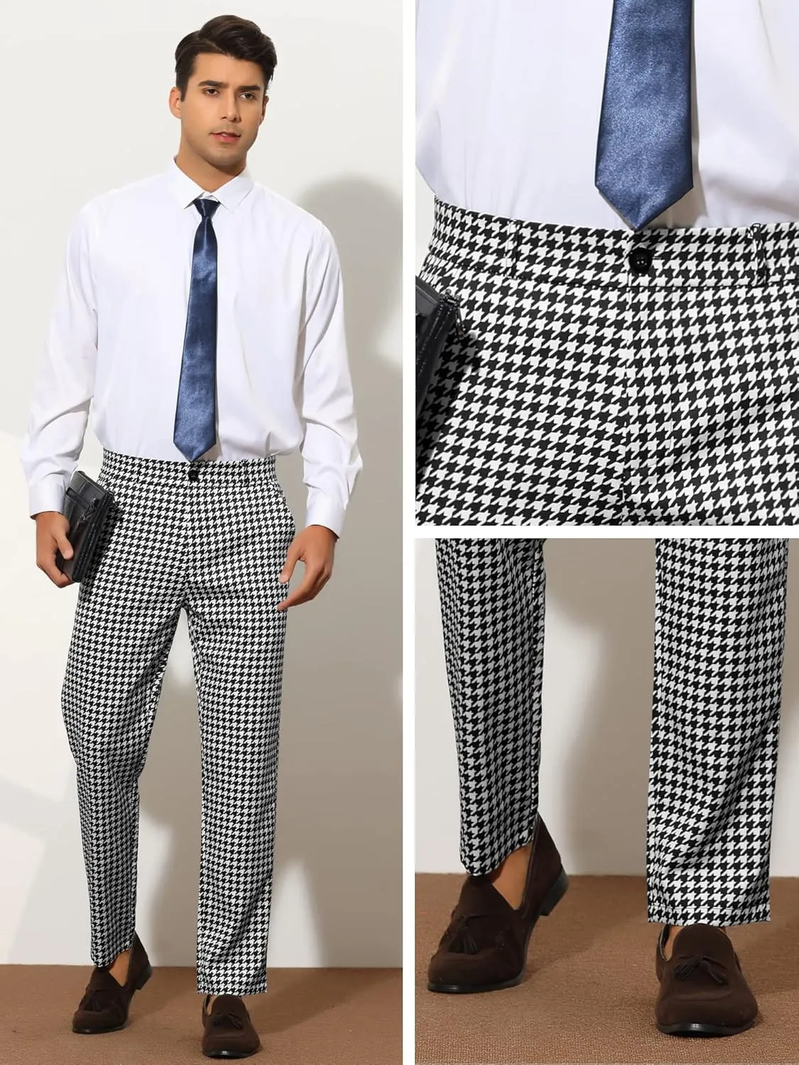 Lars Amadeus Houndstooth Pattern Pants for Men's Slim Fit Classic Business Plaid Dress Trousers