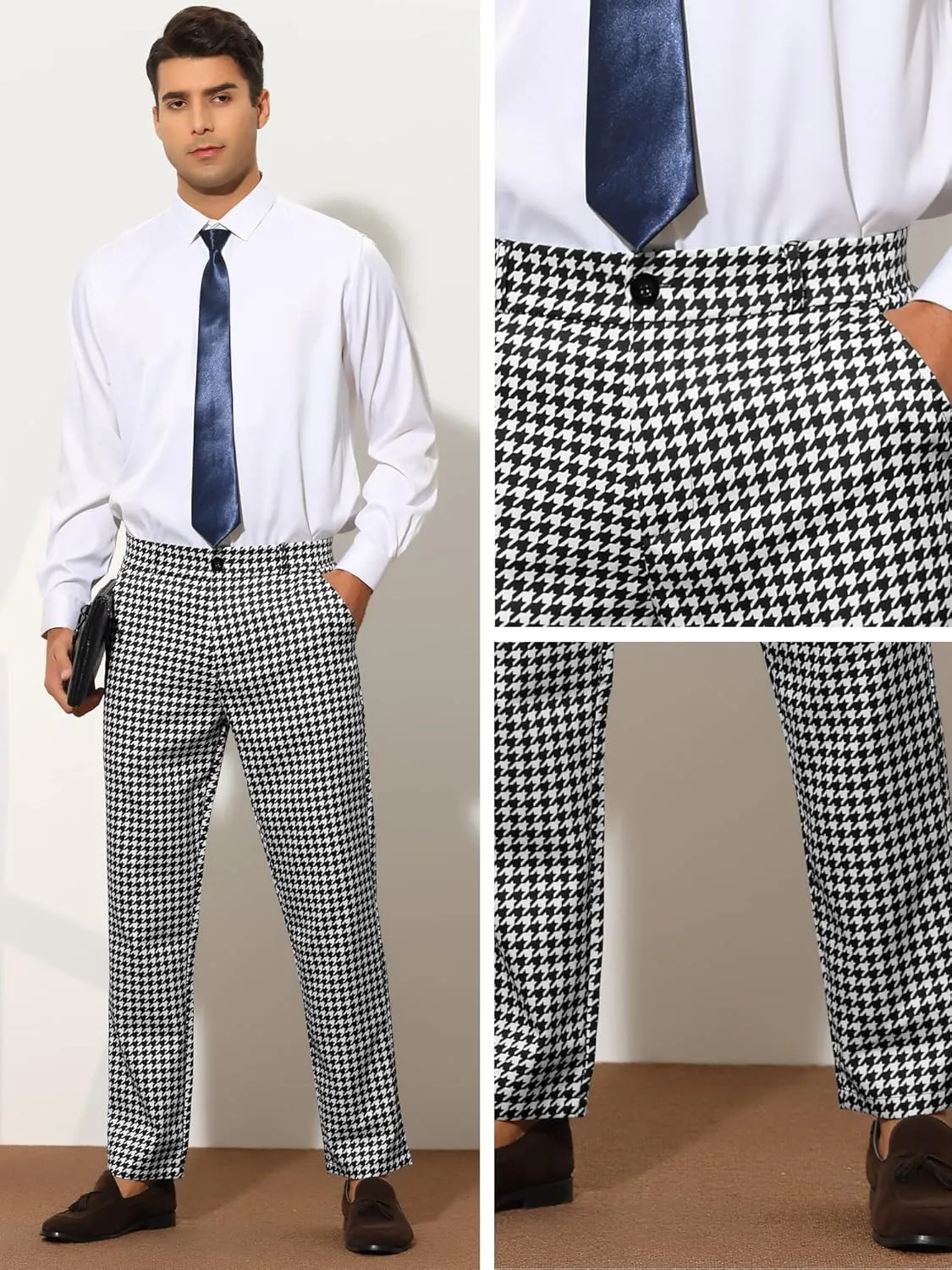 Lars Amadeus Houndstooth Pattern Pants for Men's Slim Fit Classic Business Plaid Dress Trousers