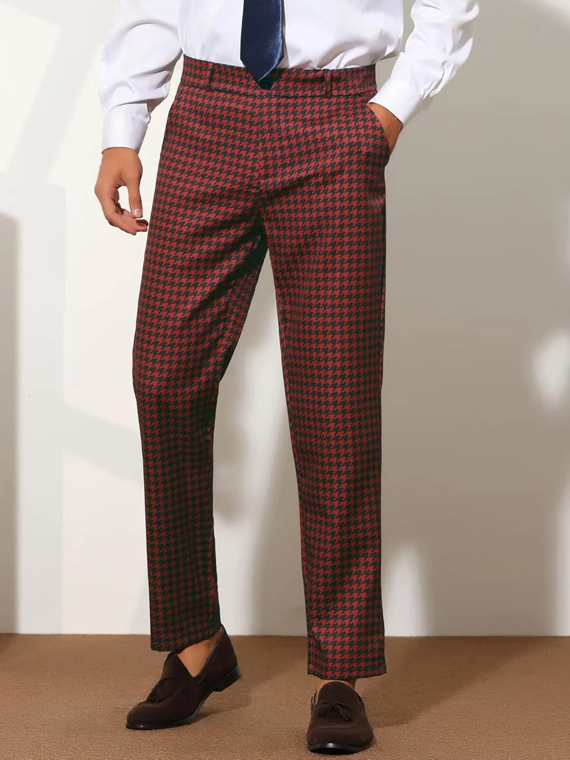 Lars Amadeus Houndstooth Pattern Pants for Men's Slim Fit Classic Business Plaid Dress Trousers