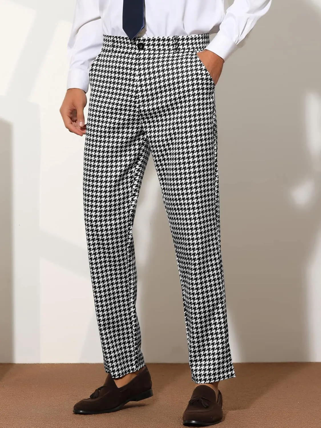 Lars Amadeus Houndstooth Pattern Pants for Men's Slim Fit Classic Business Plaid Dress Trousers
