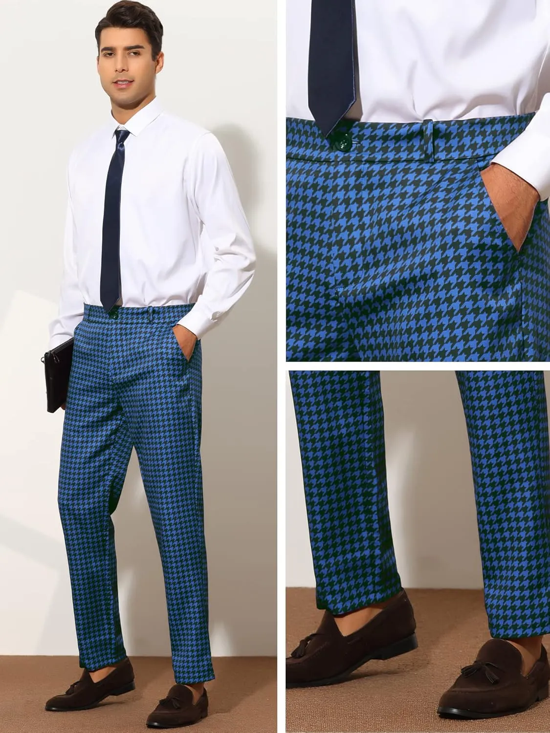 Lars Amadeus Houndstooth Pattern Pants for Men's Slim Fit Classic Business Plaid Dress Trousers