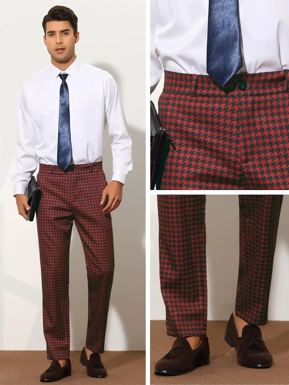 Lars Amadeus Houndstooth Pattern Pants for Men's Slim Fit Classic Business Plaid Dress Trousers
