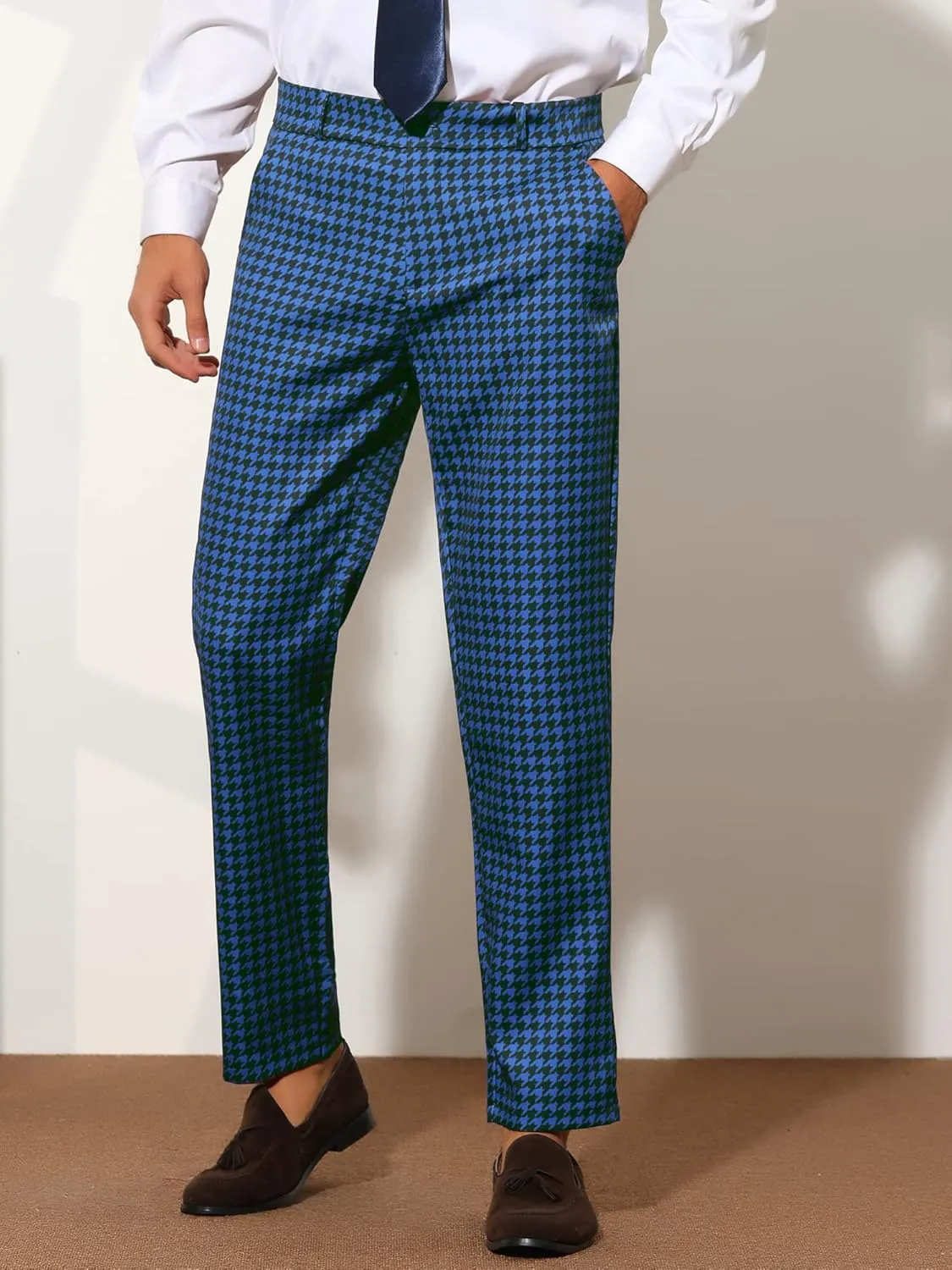 Lars Amadeus Houndstooth Pattern Pants for Men's Slim Fit Classic Business Plaid Dress Trousers