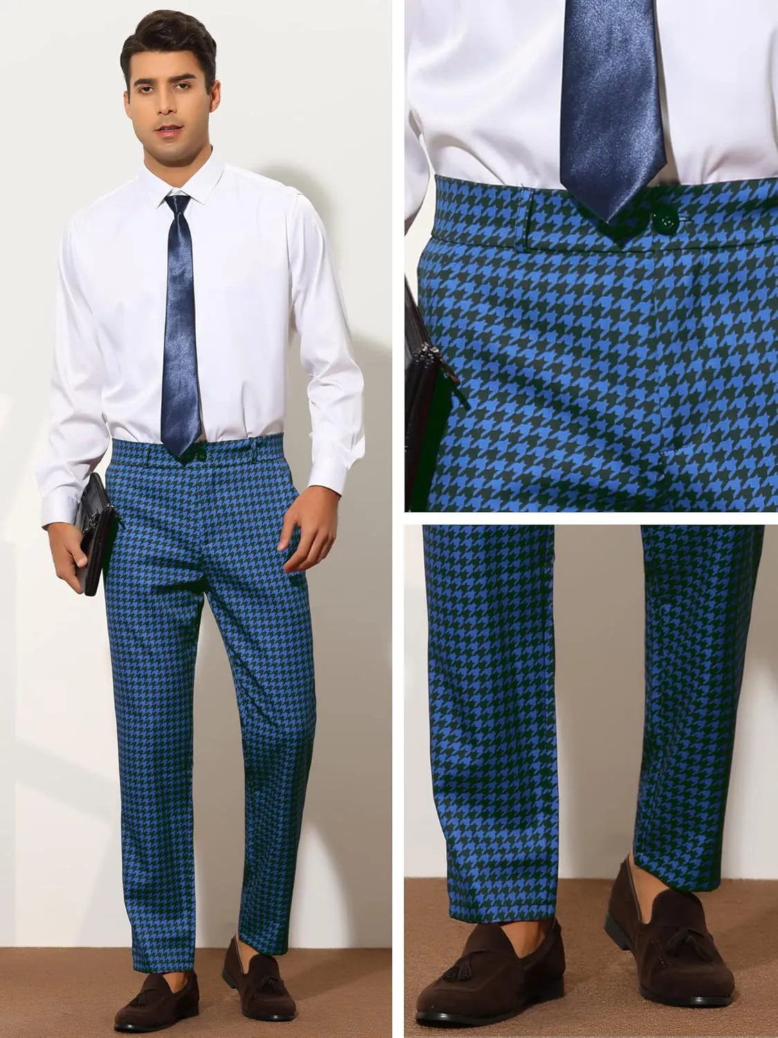 Lars Amadeus Houndstooth Pattern Pants for Men's Slim Fit Classic Business Plaid Dress Trousers