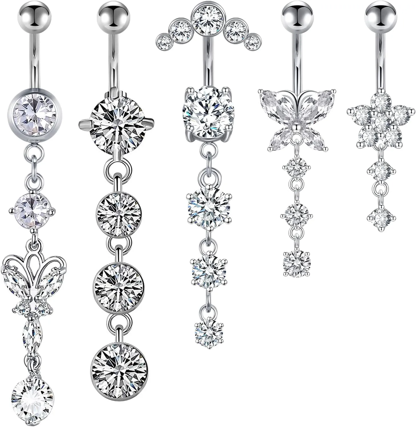 LAURITAMI 14G Dangle Belly Button Rings - Surgical Steel Silver and Rose Gold CZ Piercing Jewelry for Women