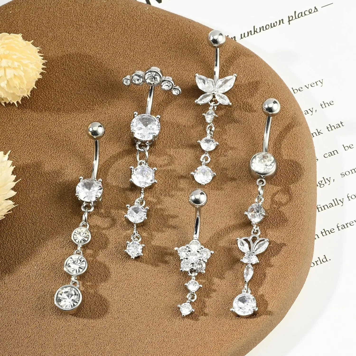 LAURITAMI 14G Dangle Belly Button Rings - Surgical Steel Silver and Rose Gold CZ Piercing Jewelry for Women