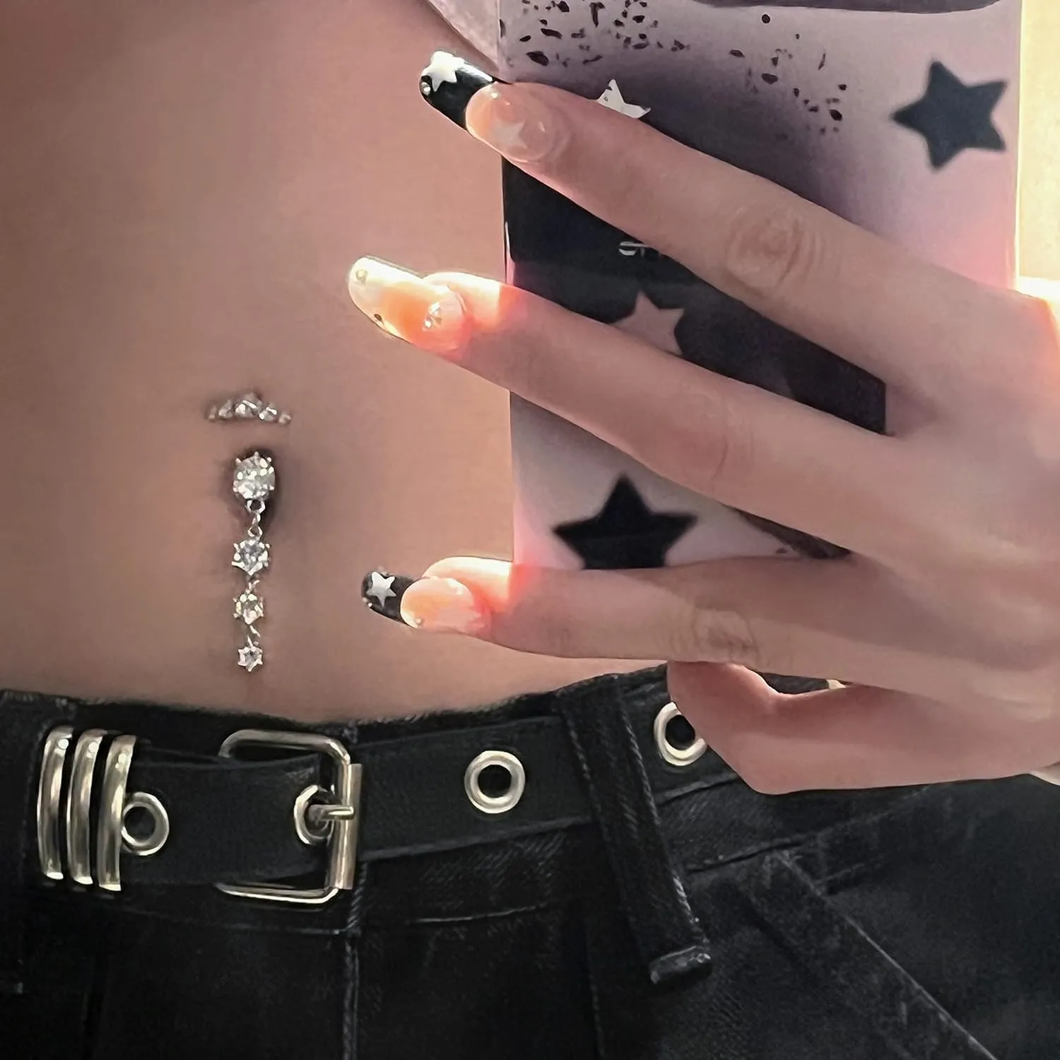 LAURITAMI 14G Dangle Belly Button Rings - Surgical Steel Silver and Rose Gold CZ Piercing Jewelry for Women