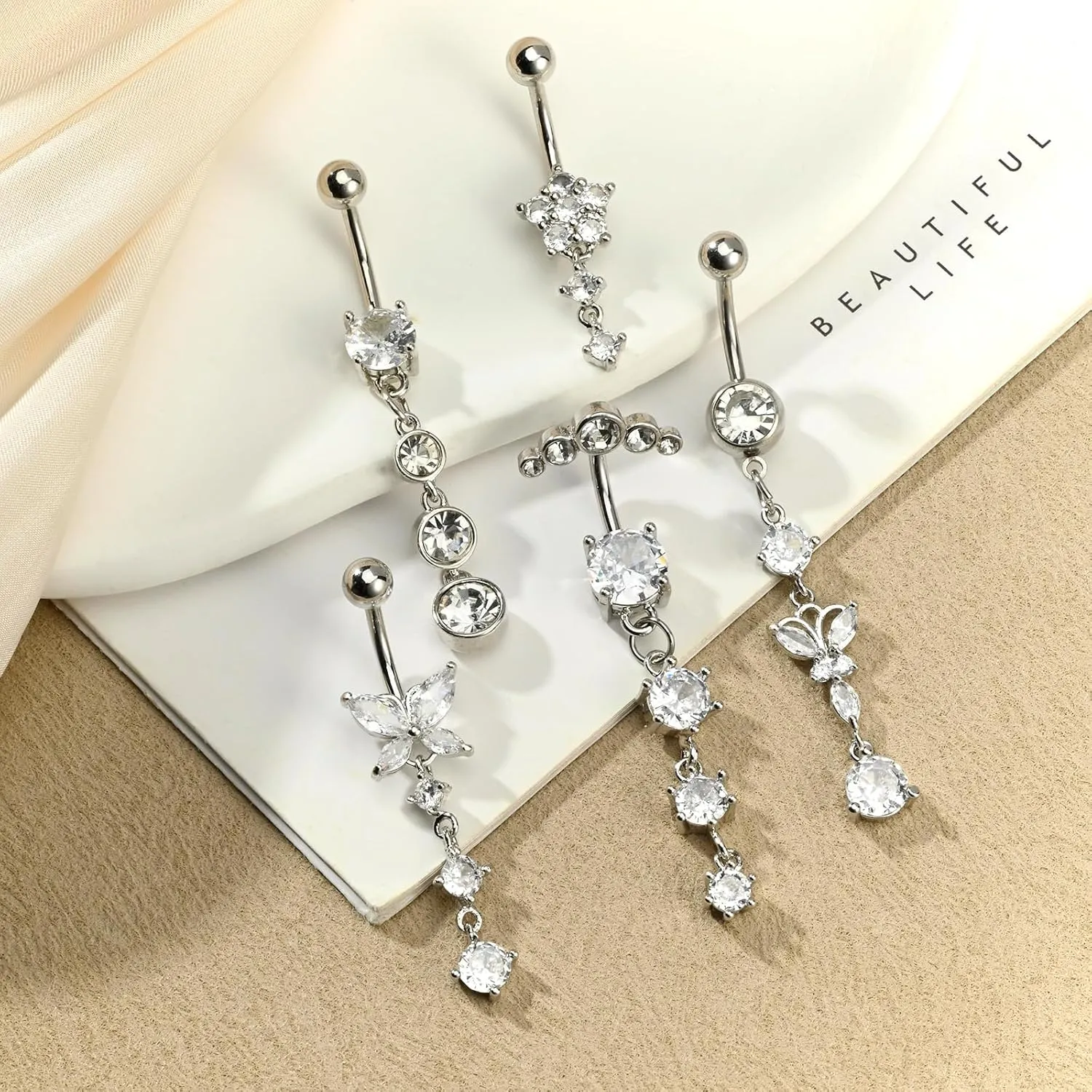 LAURITAMI 14G Dangle Belly Button Rings - Surgical Steel Silver and Rose Gold CZ Piercing Jewelry for Women