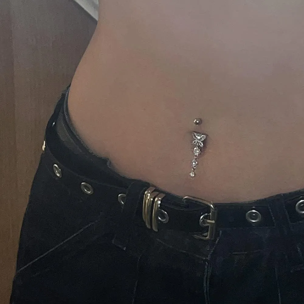 LAURITAMI 14G Dangle Belly Button Rings - Surgical Steel Silver and Rose Gold CZ Piercing Jewelry for Women