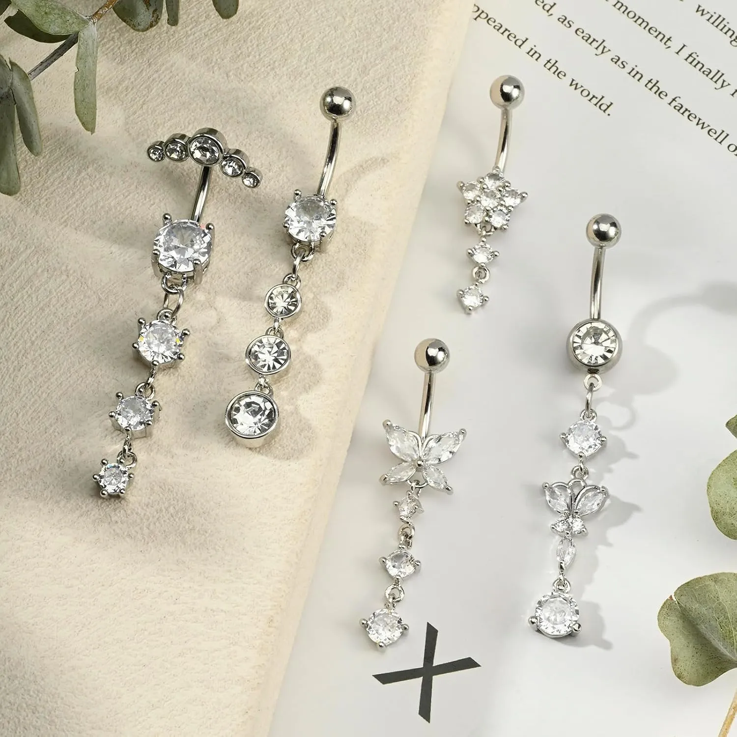 LAURITAMI 14G Dangle Belly Button Rings - Surgical Steel Silver and Rose Gold CZ Piercing Jewelry for Women