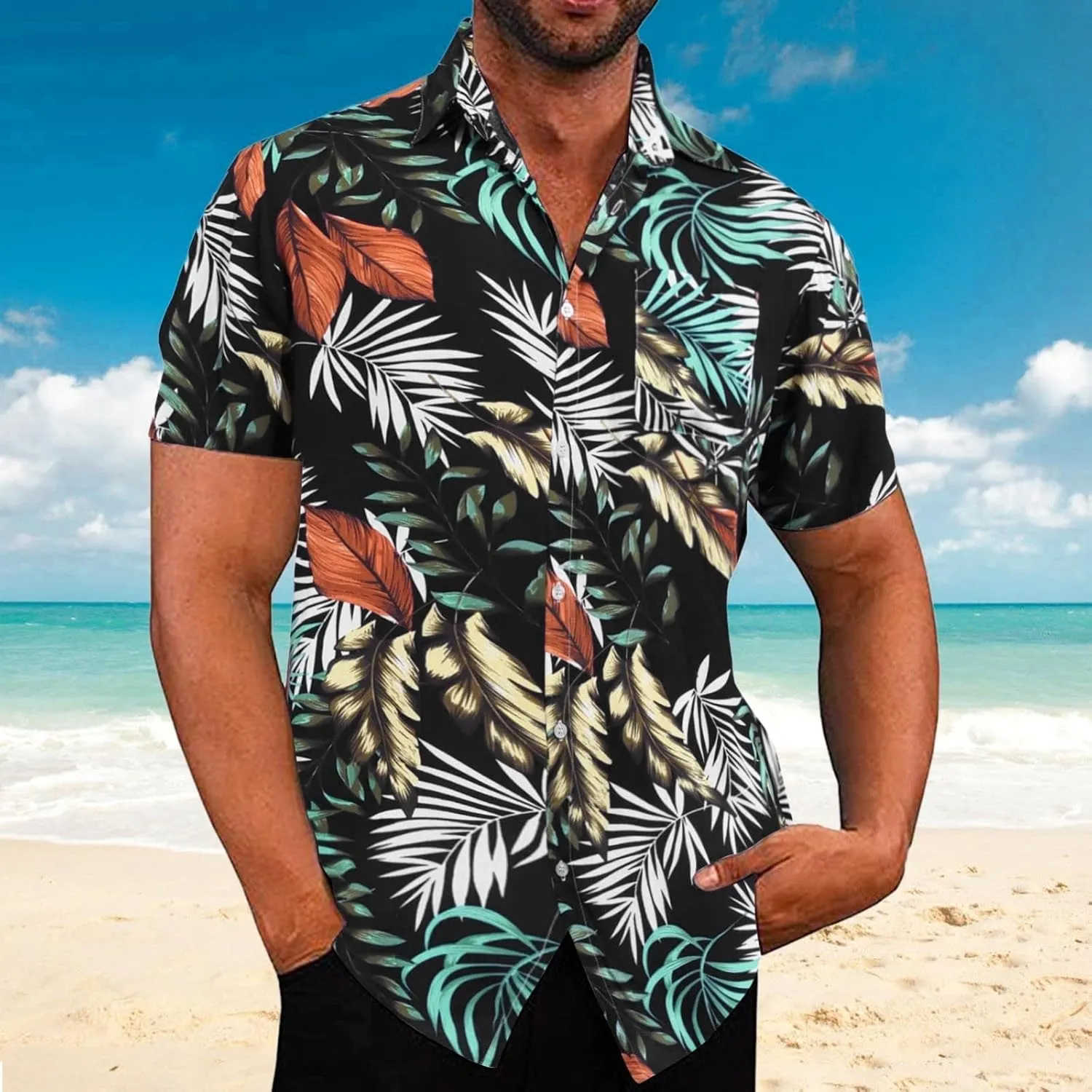 LCMTWX Mens Beach Shirts Mens Fashion and Leisure Color Matching Lapel Button Half Sleeve Shirt T Shirt Short Sleeve for