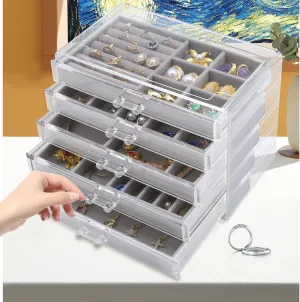 LEICHTEN Jewelry Boxes & Organizers with 5 Drawers,Acrylic Clear Jewelry Earring Necklace Holder Organizers and Storage with Velvet Trays,Jewelry Boxes for WomenGirls,Grey