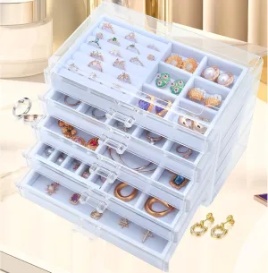LEICHTEN Jewelry Boxes & Organizers with 5 Drawers,Acrylic Clear Jewelry Earring Necklace Holder Organizers and Storage with Velvet Trays,Jewelry Boxes for WomenGirls,White