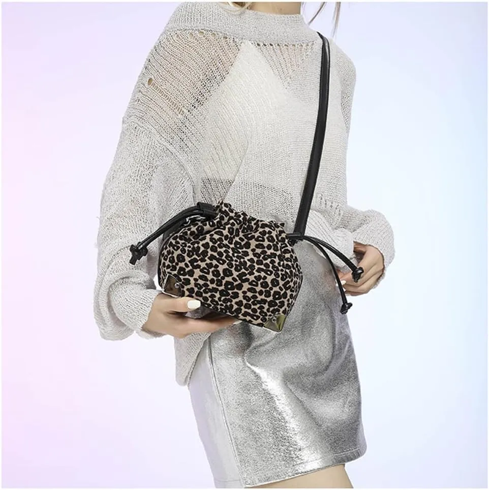 Leopard Print Drawstring Bucket Bag Hobo Crossbody Bucket Handbag and Purse Cheetah Print Satchel Drawstring Bag