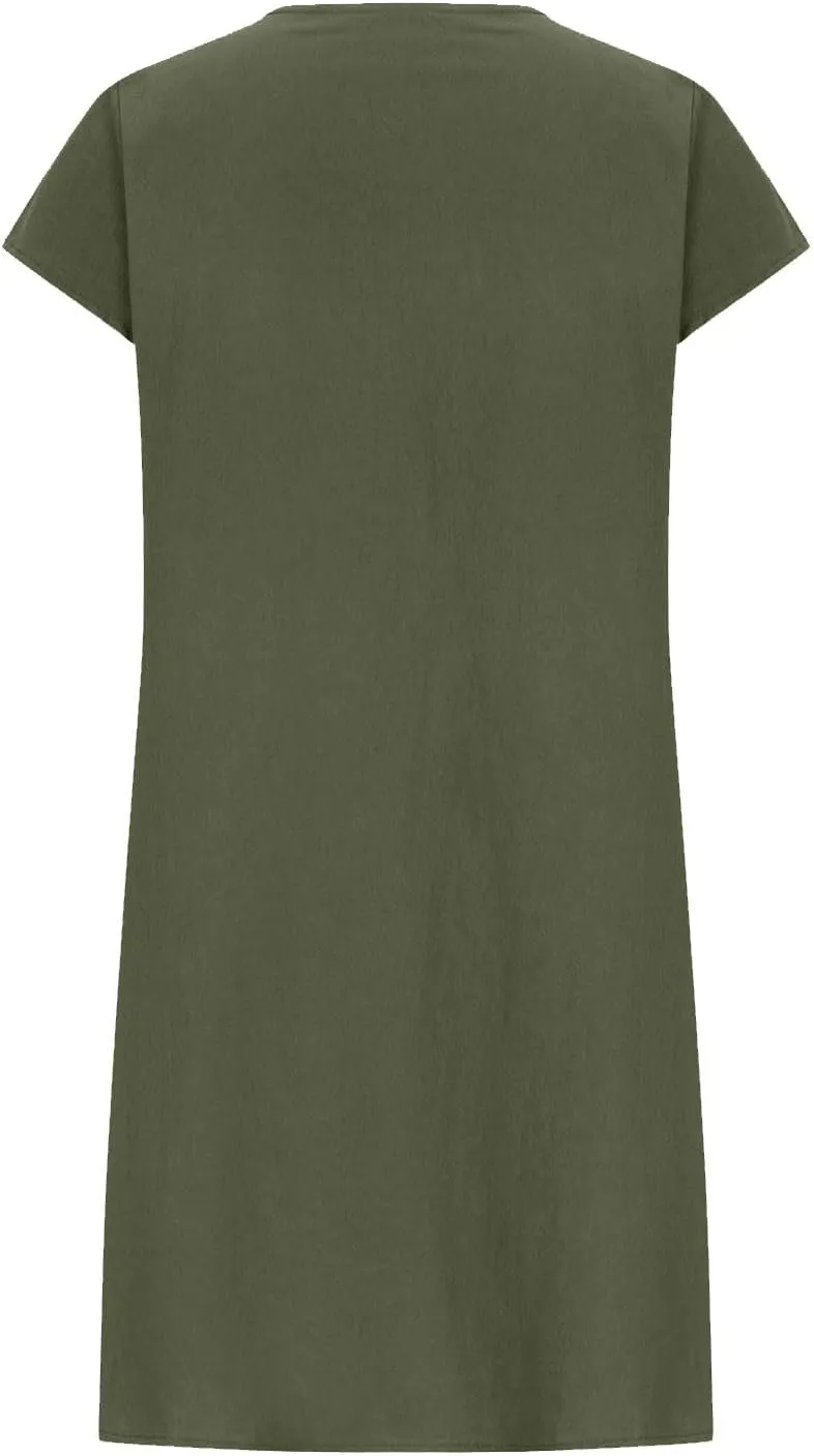 Linen Dresses for Women 2025 Casual Pleated Sundresses Loose Fit Solid Short Sleeve Mini Dress Beach Vacation Dress