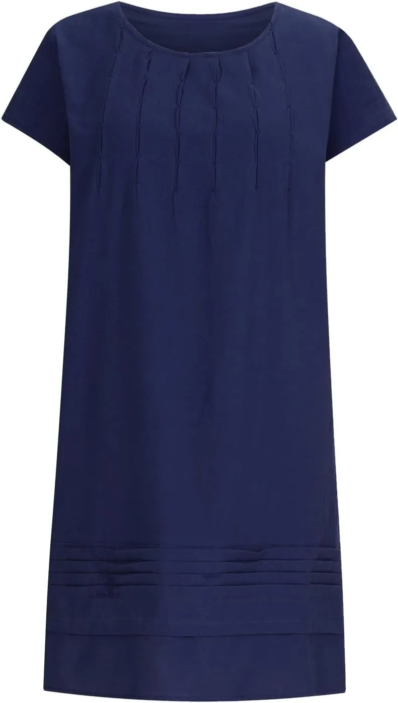 Linen Dresses for Women 2025 Casual Pleated Sundresses Loose Fit Solid Short Sleeve Mini Dress Beach Vacation Dress