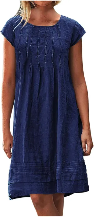 Linen Dresses for Women 2025 Casual Pleated Sundresses Loose Fit Solid Short Sleeve Mini Dress Beach Vacation Dress