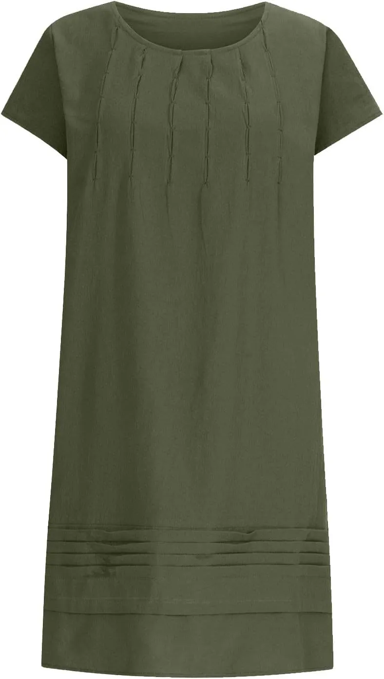 Linen Dresses for Women 2025 Casual Pleated Sundresses Loose Fit Solid Short Sleeve Mini Dress Beach Vacation Dress
