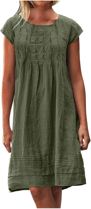 Linen Dresses for Women 2025 Casual Pleated Sundresses Loose Fit Solid Short Sleeve Mini Dress Beach Vacation Dress