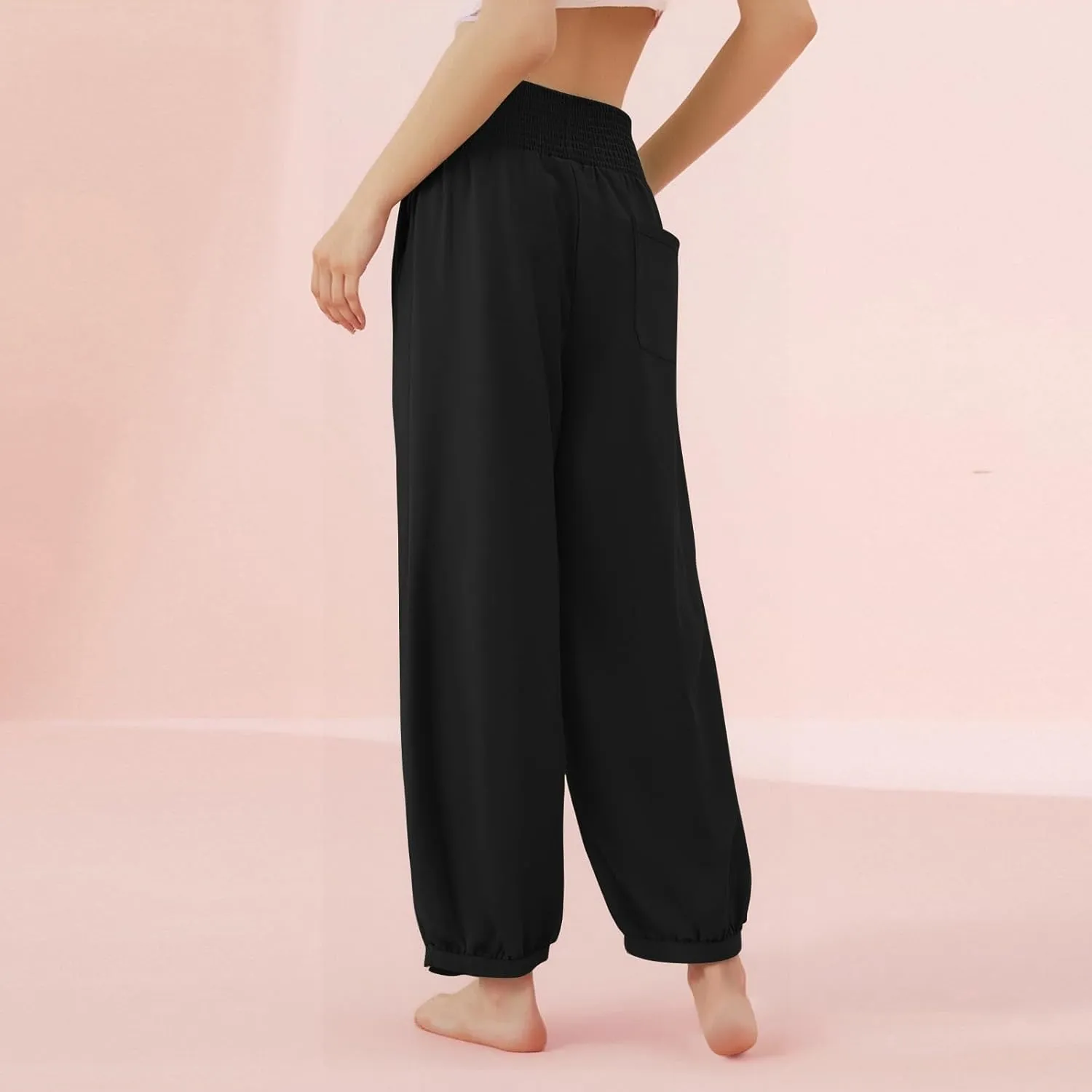 Linen Pants Women Smocked Elastic Waist Casual Summer Palazzo Pants Boho Baggy Wide Leg Trousers with Pockets