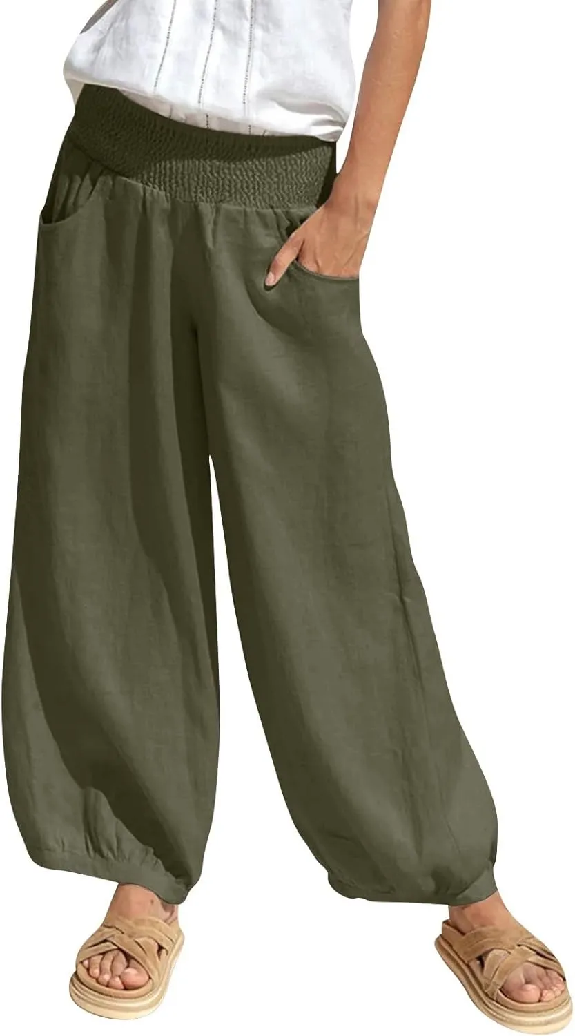 Linen Pants Women Smocked Elastic Waist Casual Summer Palazzo Pants Boho Baggy Wide Leg Trousers with Pockets