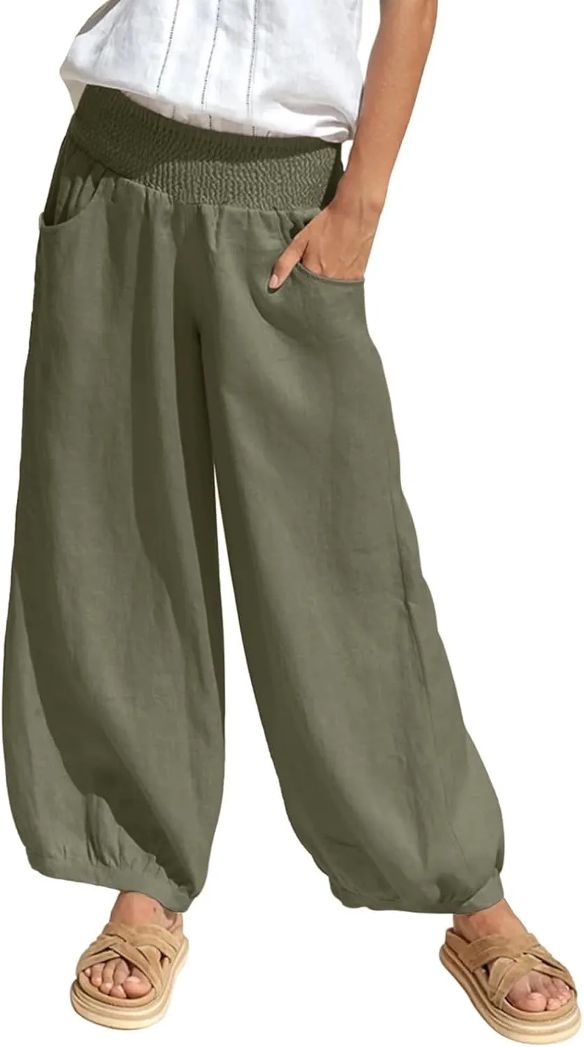 Linen Pants Women Smocked Elastic Waist Casual Summer Palazzo Pants Boho Baggy Wide Leg Trousers with Pockets