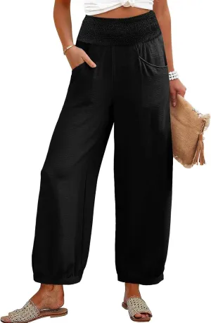 Linen Pants Women Smocked Elastic Waist Casual Summer Palazzo Pants Boho Baggy Wide Leg Trousers with Pockets
