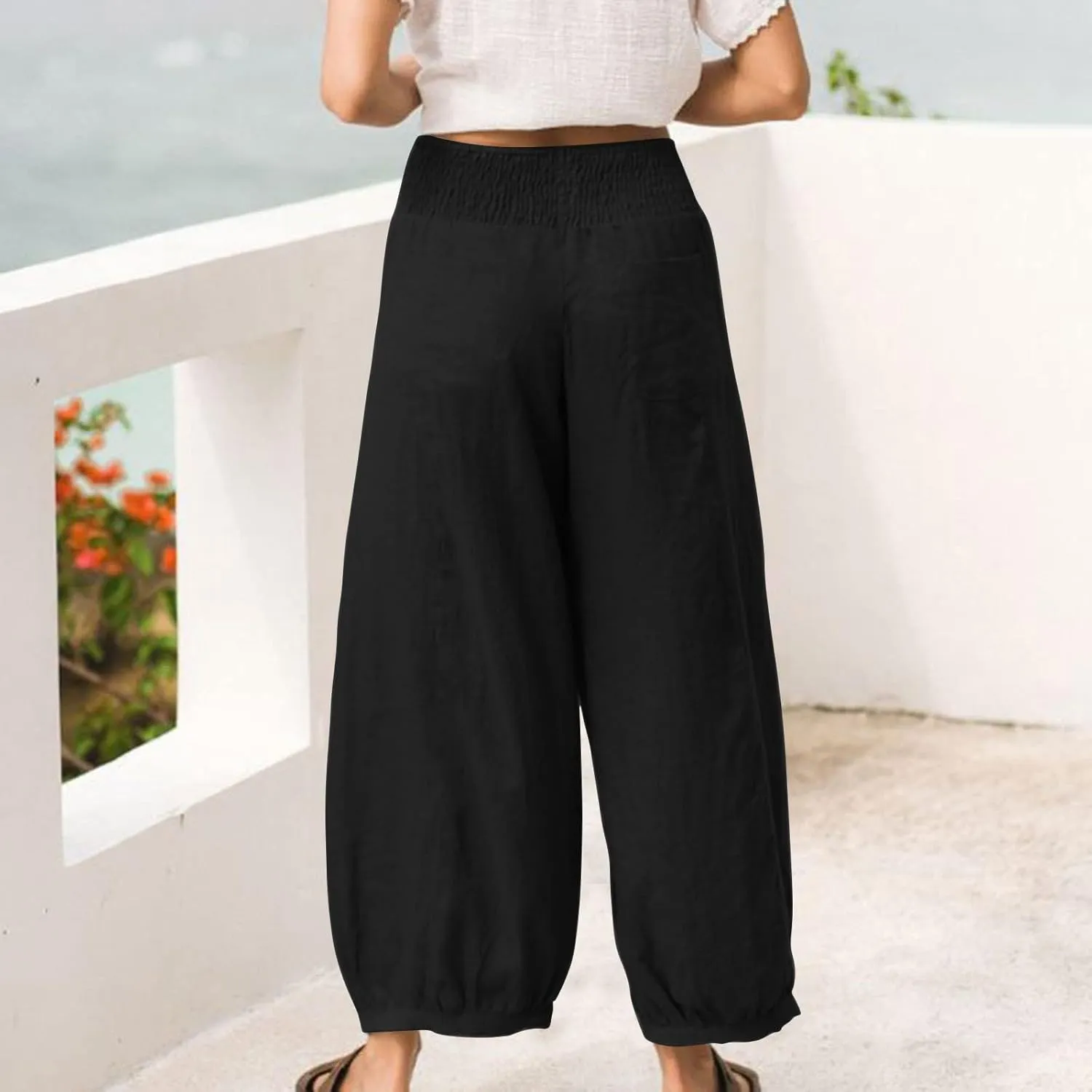 Linen Pants Women Smocked Elastic Waist Casual Summer Palazzo Pants Boho Baggy Wide Leg Trousers with Pockets