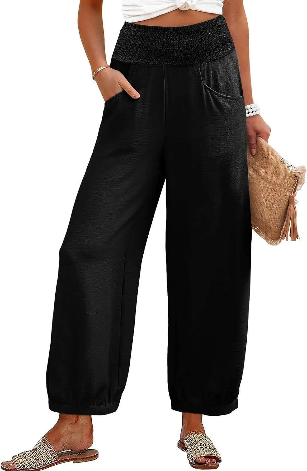 Linen Pants Women Smocked Elastic Waist Casual Summer Palazzo Pants Boho Baggy Wide Leg Trousers with Pockets