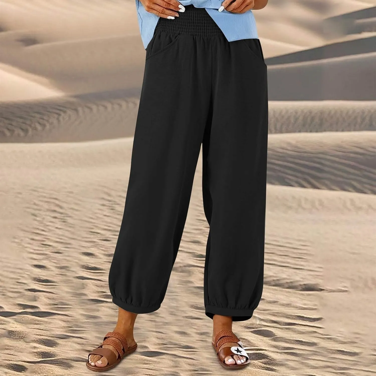 Linen Pants Women Smocked Elastic Waist Casual Summer Palazzo Pants Boho Baggy Wide Leg Trousers with Pockets