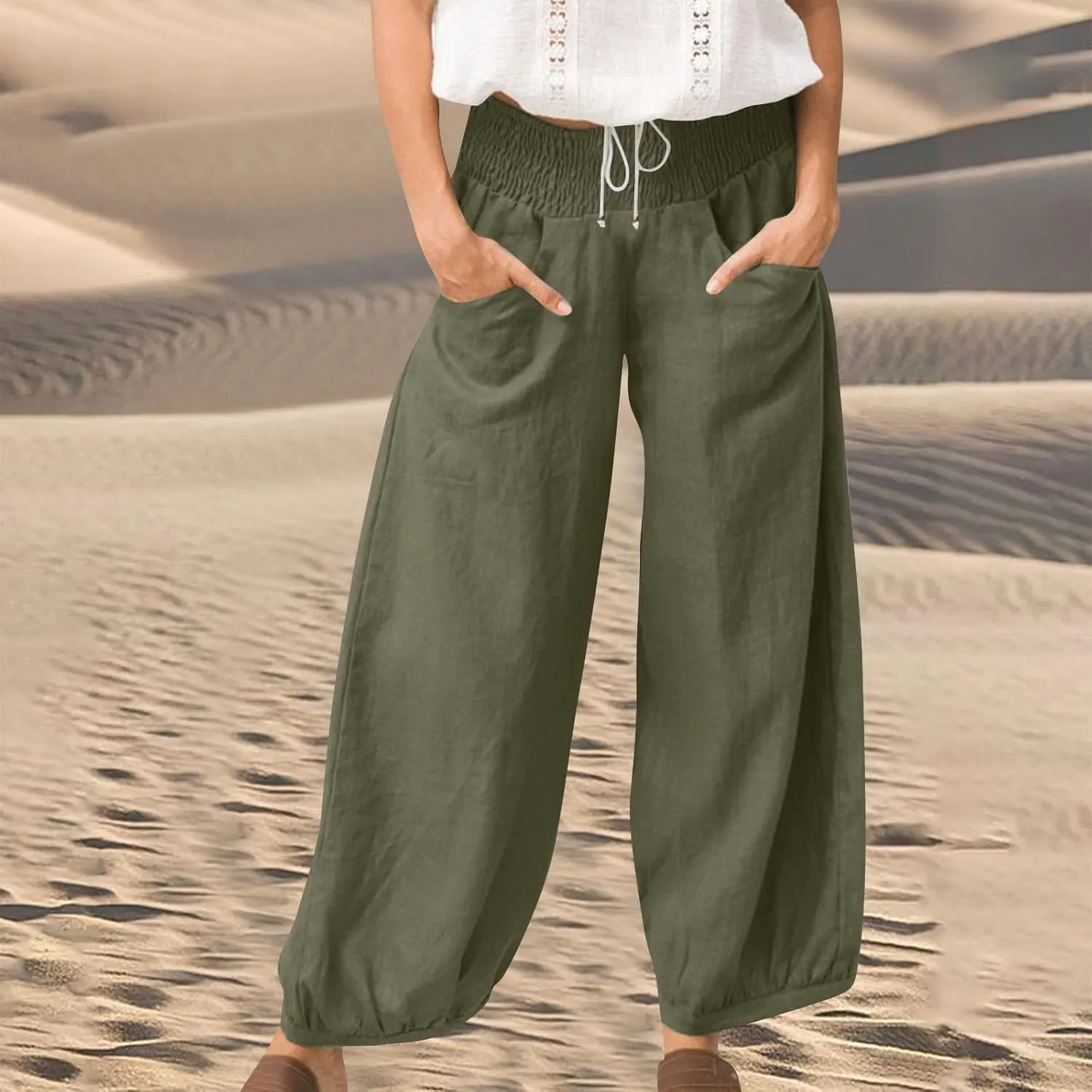 Linen Pants Women Smocked Elastic Waist Casual Summer Palazzo Pants Boho Baggy Wide Leg Trousers with Pockets