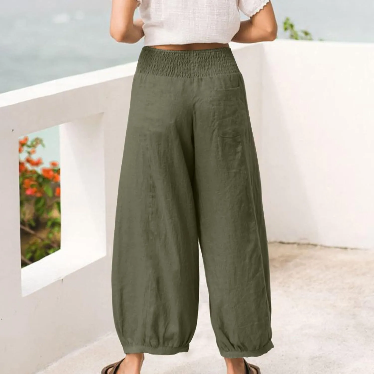 Linen Pants Women Smocked Elastic Waist Casual Summer Palazzo Pants Boho Baggy Wide Leg Trousers with Pockets