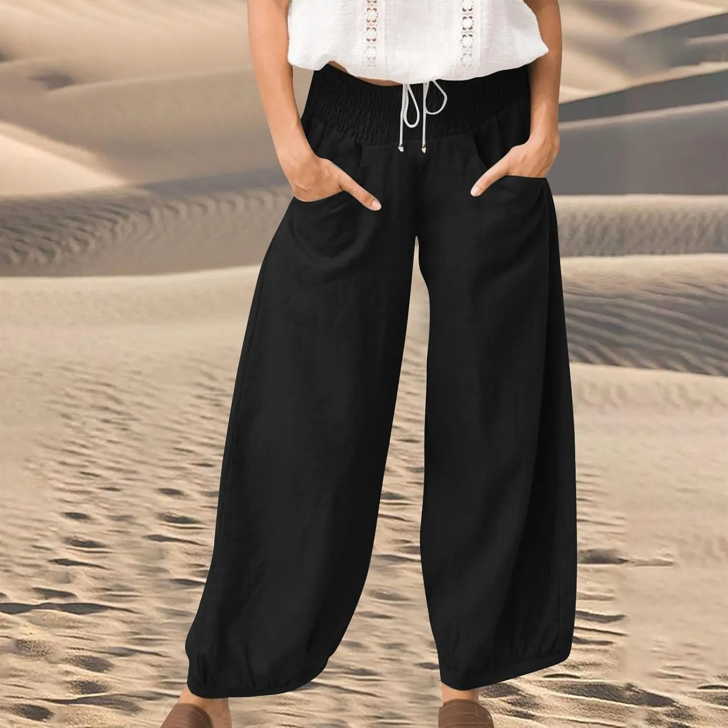 Linen Pants Women Smocked Elastic Waist Casual Summer Palazzo Pants Boho Baggy Wide Leg Trousers with Pockets