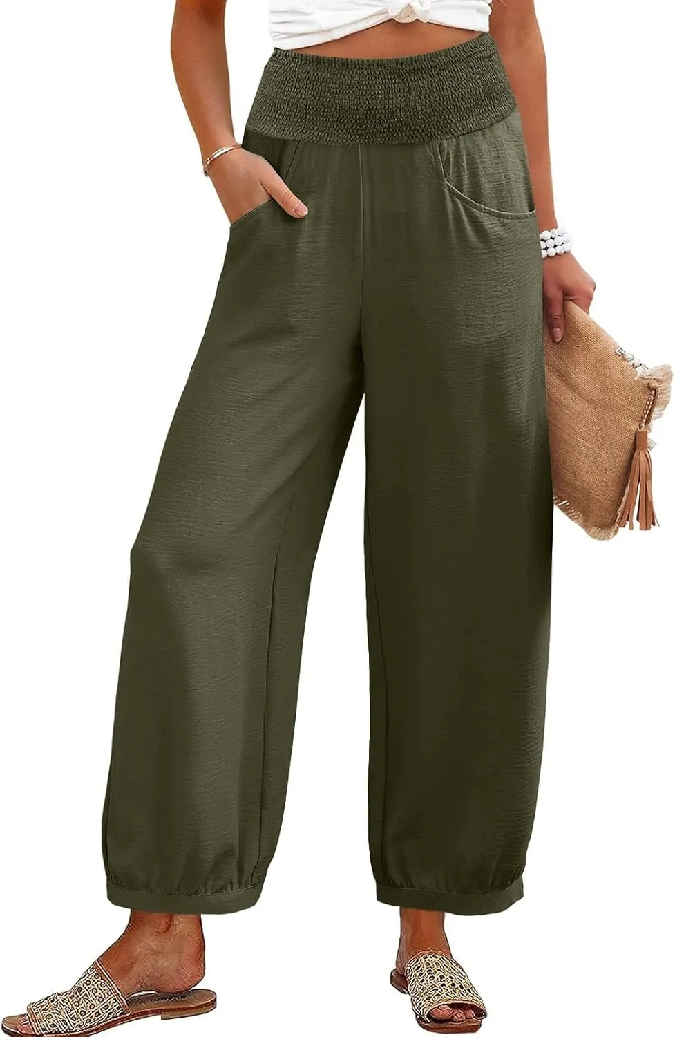Linen Pants Women Smocked Elastic Waist Casual Summer Palazzo Pants Boho Baggy Wide Leg Trousers with Pockets