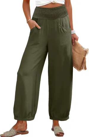 Linen Pants Women Smocked Elastic Waist Casual Summer Palazzo Pants Boho Baggy Wide Leg Trousers with Pockets
