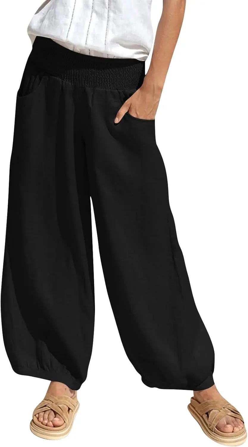 Linen Pants Women Smocked Elastic Waist Casual Summer Palazzo Pants Boho Baggy Wide Leg Trousers with Pockets
