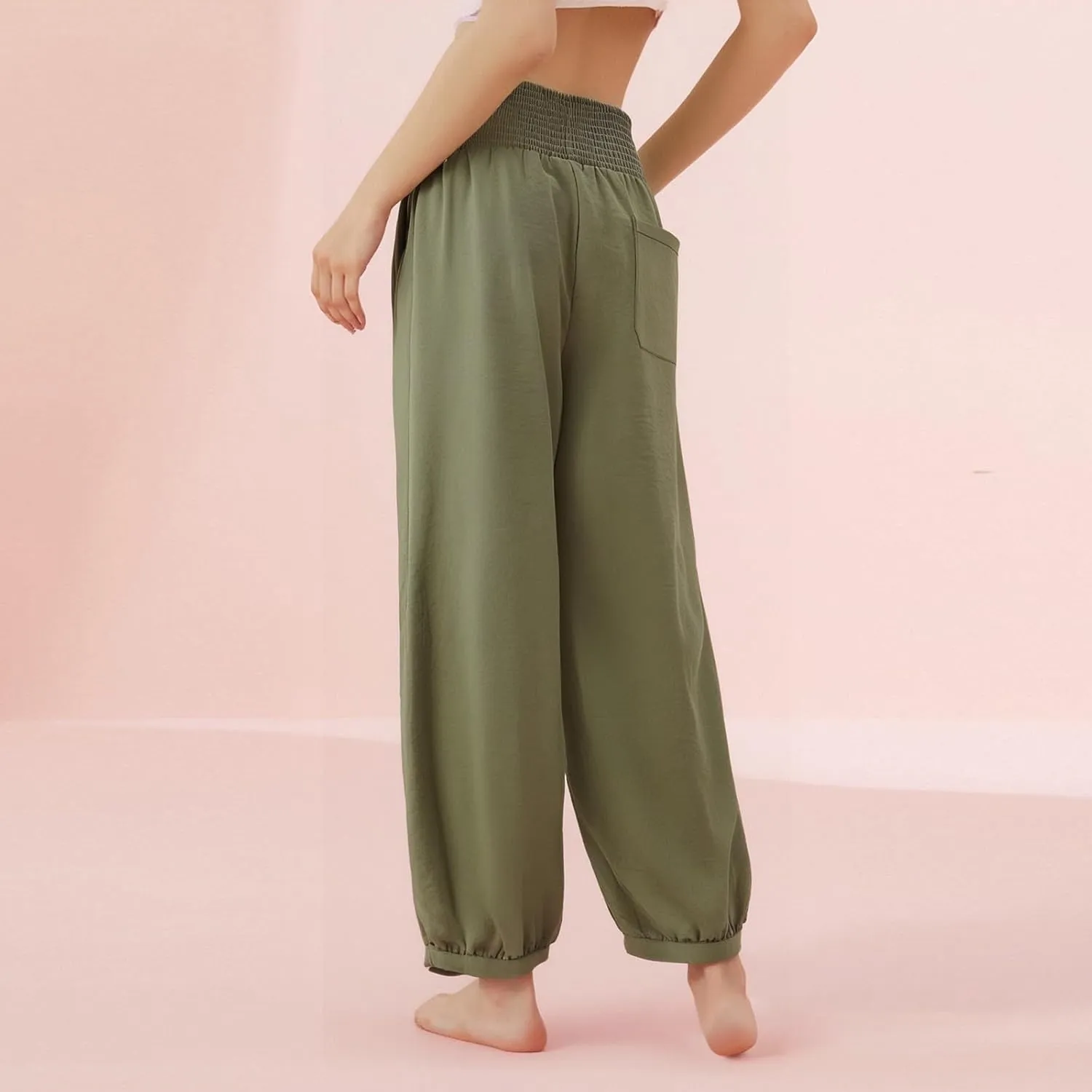 Linen Pants Women Smocked Elastic Waist Casual Summer Palazzo Pants Boho Baggy Wide Leg Trousers with Pockets