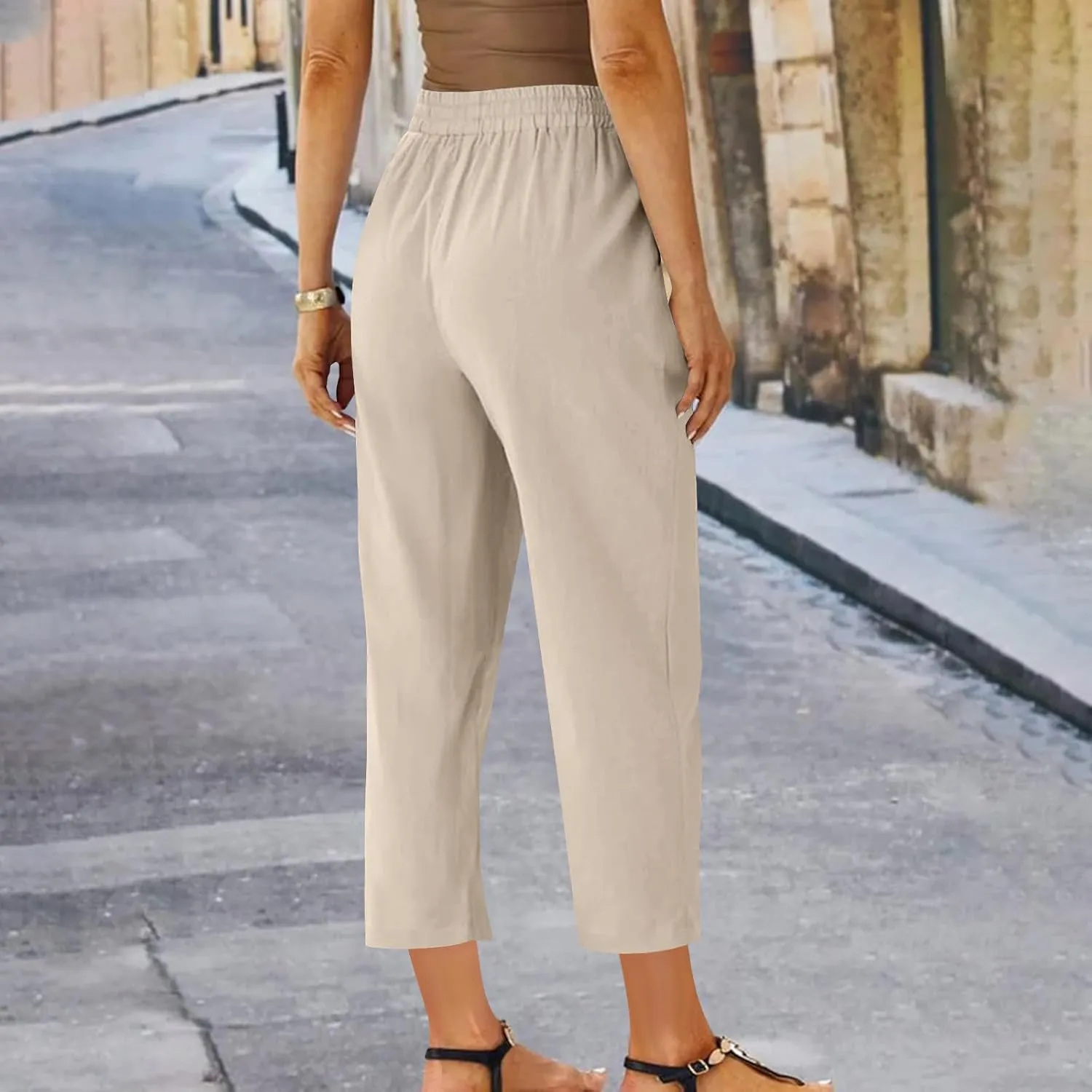 Linen Pants Women's Straight Leg Capri Pants for Women Solid Color Sweatpants for Women Elastic Waist Cropped Trousers