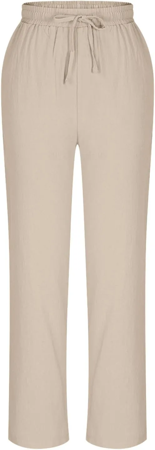 Linen Pants Women's Straight Leg Capri Pants for Women Solid Color Sweatpants for Women Elastic Waist Cropped Trousers