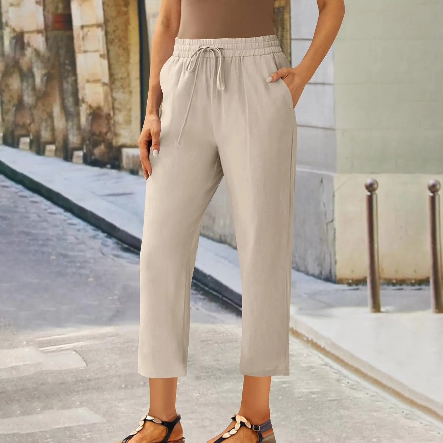Linen Pants Women's Straight Leg Capri Pants for Women Solid Color Sweatpants for Women Elastic Waist Cropped Trousers