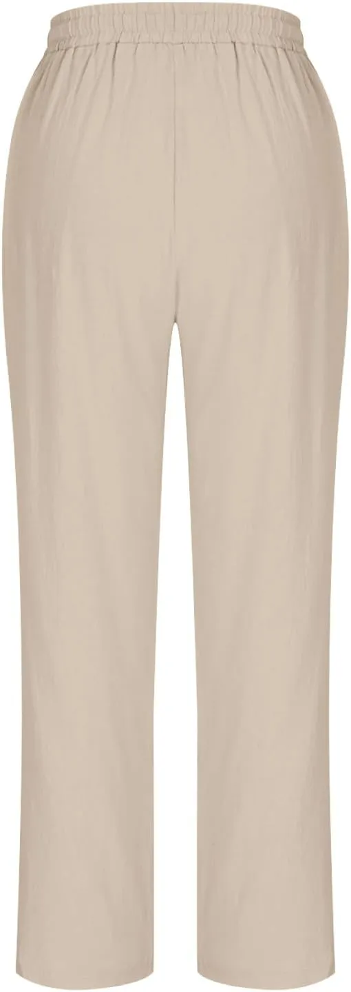 Linen Pants Women's Straight Leg Capri Pants for Women Solid Color Sweatpants for Women Elastic Waist Cropped Trousers