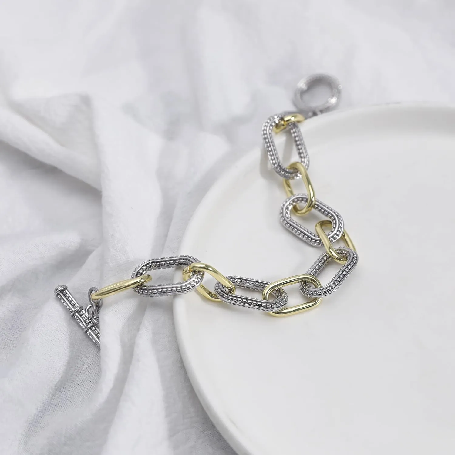 Link Bracelet for Women Gold and Silver 2 tone Circles Chain Wire Bangle Designer Inspired Bracelets