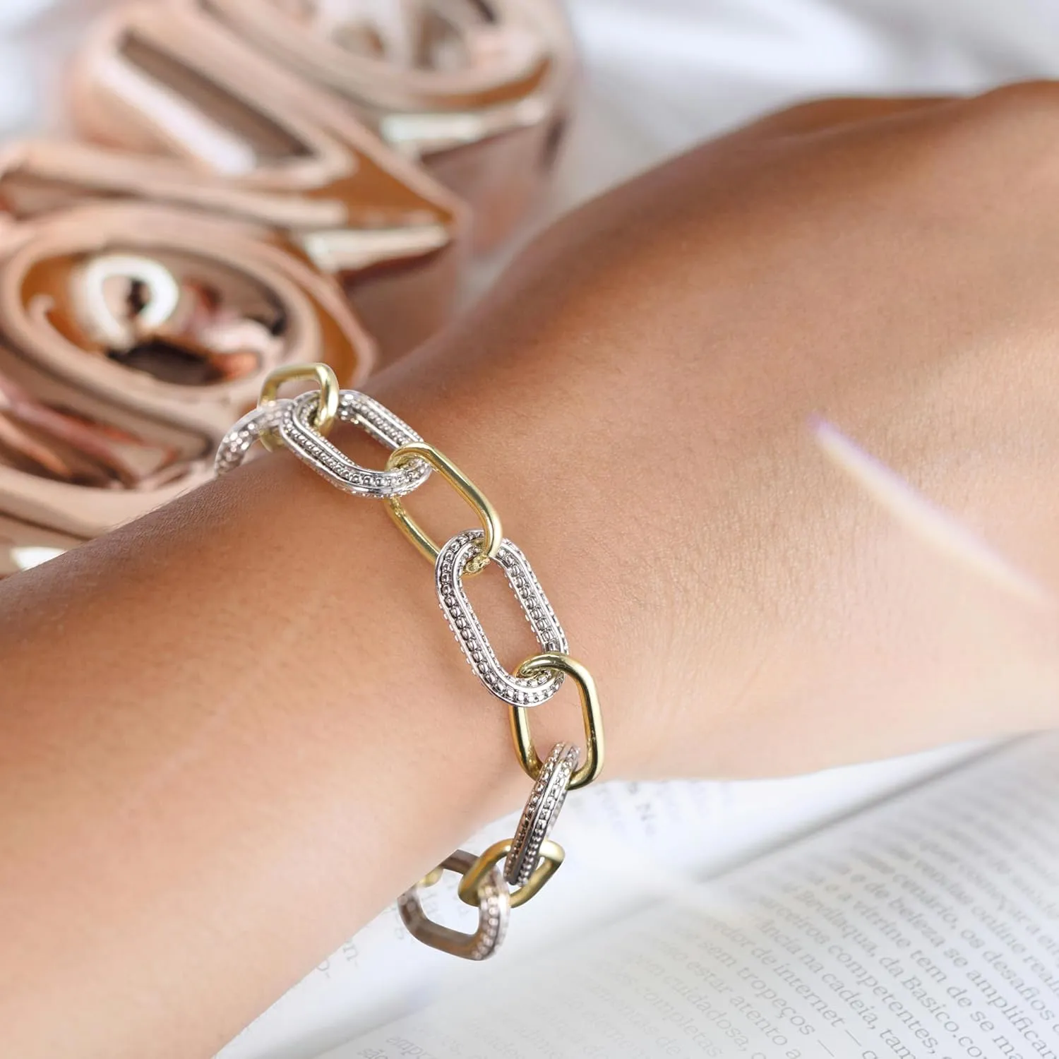 Link Bracelet for Women Gold and Silver 2 tone Circles Chain Wire Bangle Designer Inspired Bracelets
