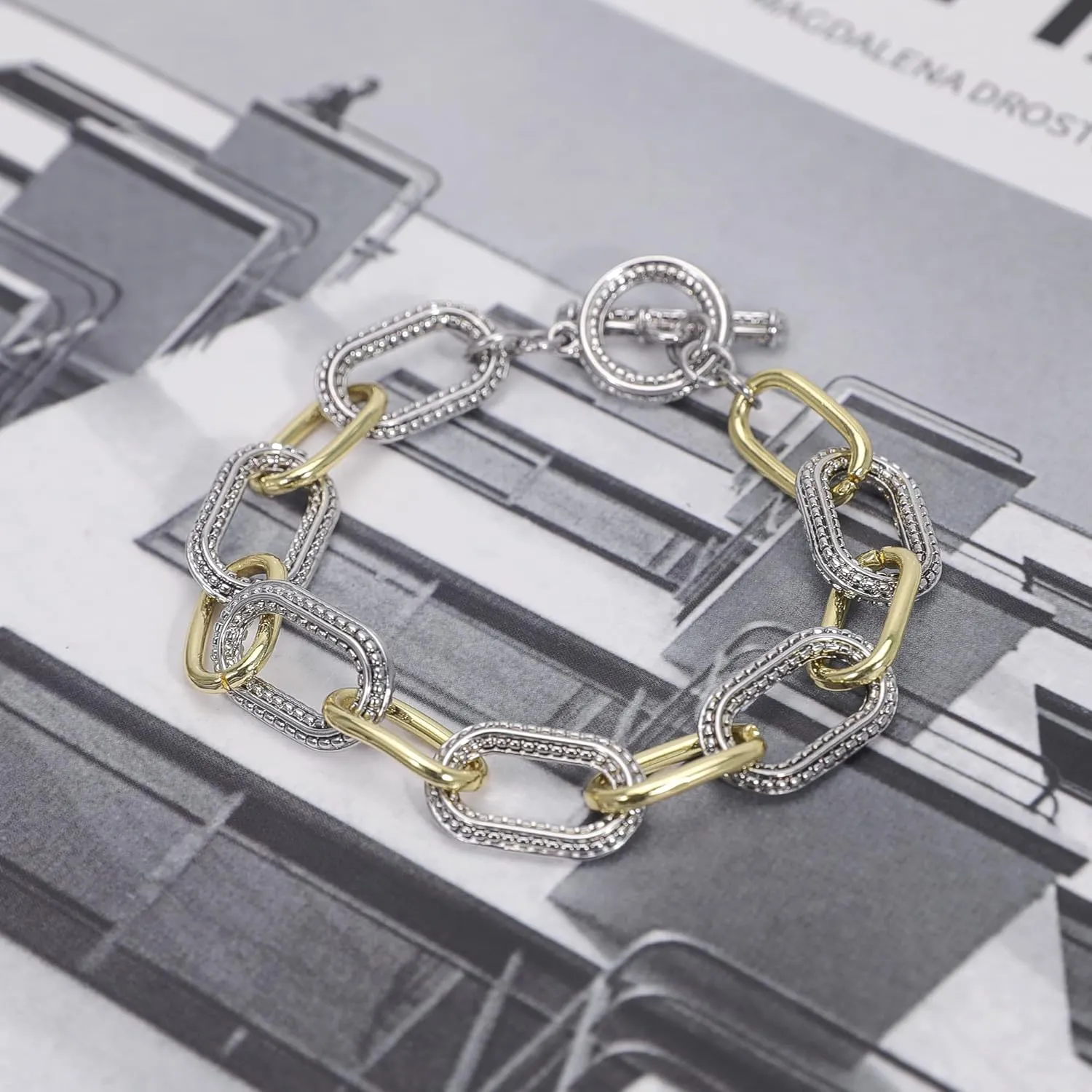 Link Bracelet for Women Gold and Silver 2 tone Circles Chain Wire Bangle Designer Inspired Bracelets