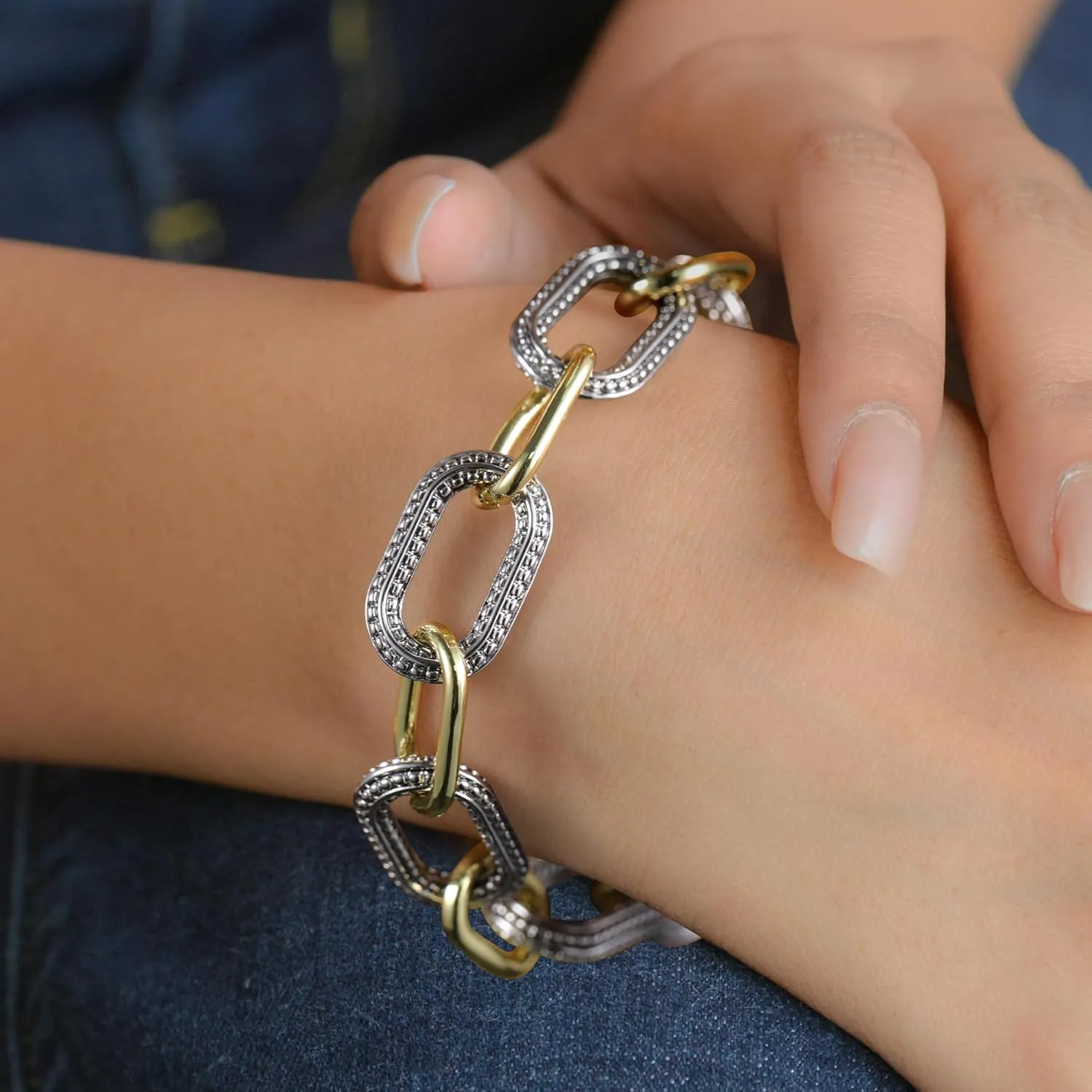 Link Bracelet for Women Gold and Silver 2 tone Circles Chain Wire Bangle Designer Inspired Bracelets