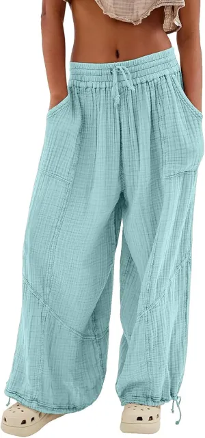 Litetao Wide Leg Pants Women Plus Size Comfy Hippie Harem Pants Baggy Linen High Waist Sweatpants Casual Trouser with Pockets