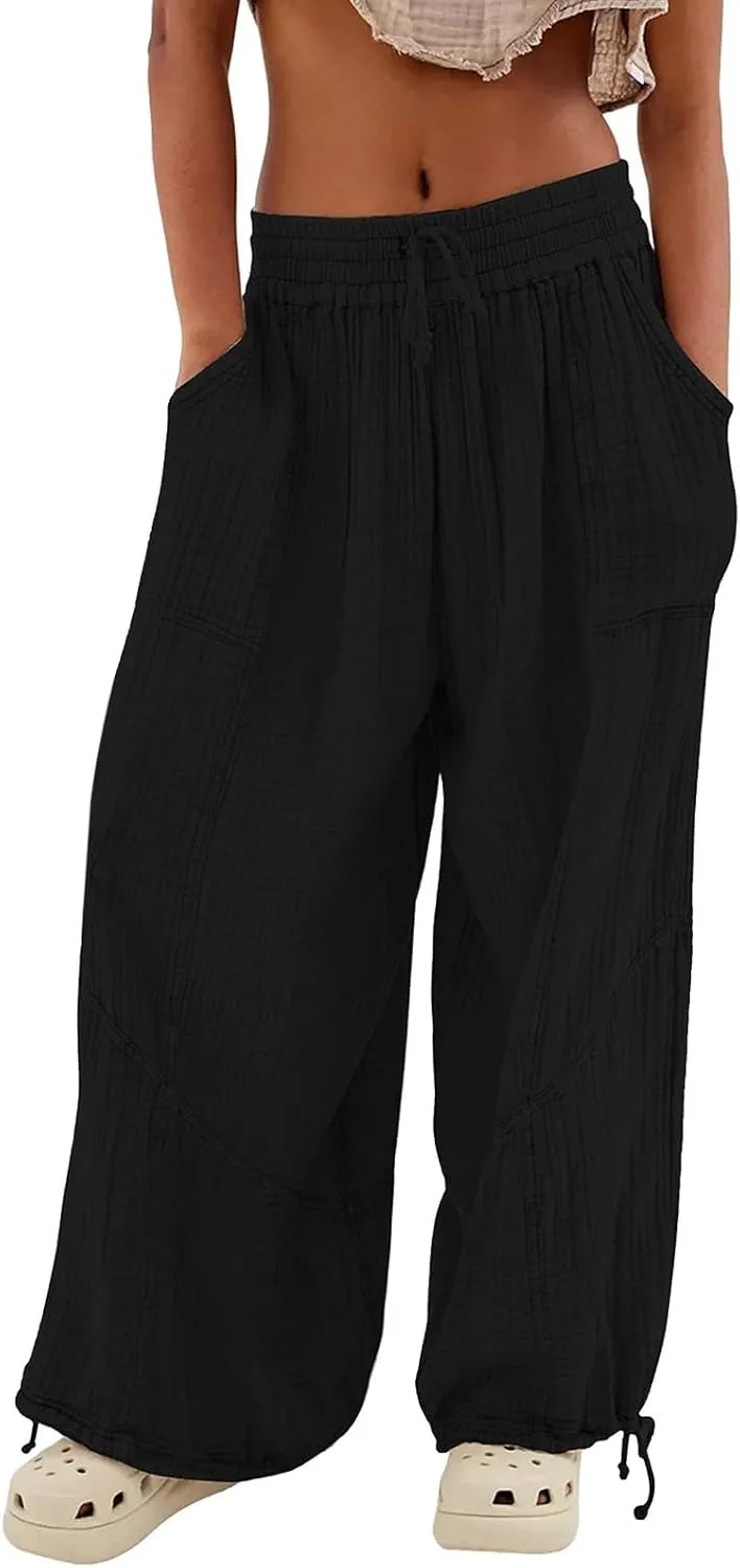 Litetao Wide Leg Pants Women Plus Size Comfy Hippie Harem Pants Baggy Linen High Waist Sweatpants Casual Trouser with Pockets