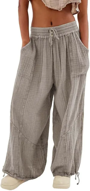 Litetao Wide Leg Pants Women Plus Size Comfy Hippie Harem Pants Baggy Linen High Waist Sweatpants Casual Trouser with Pockets