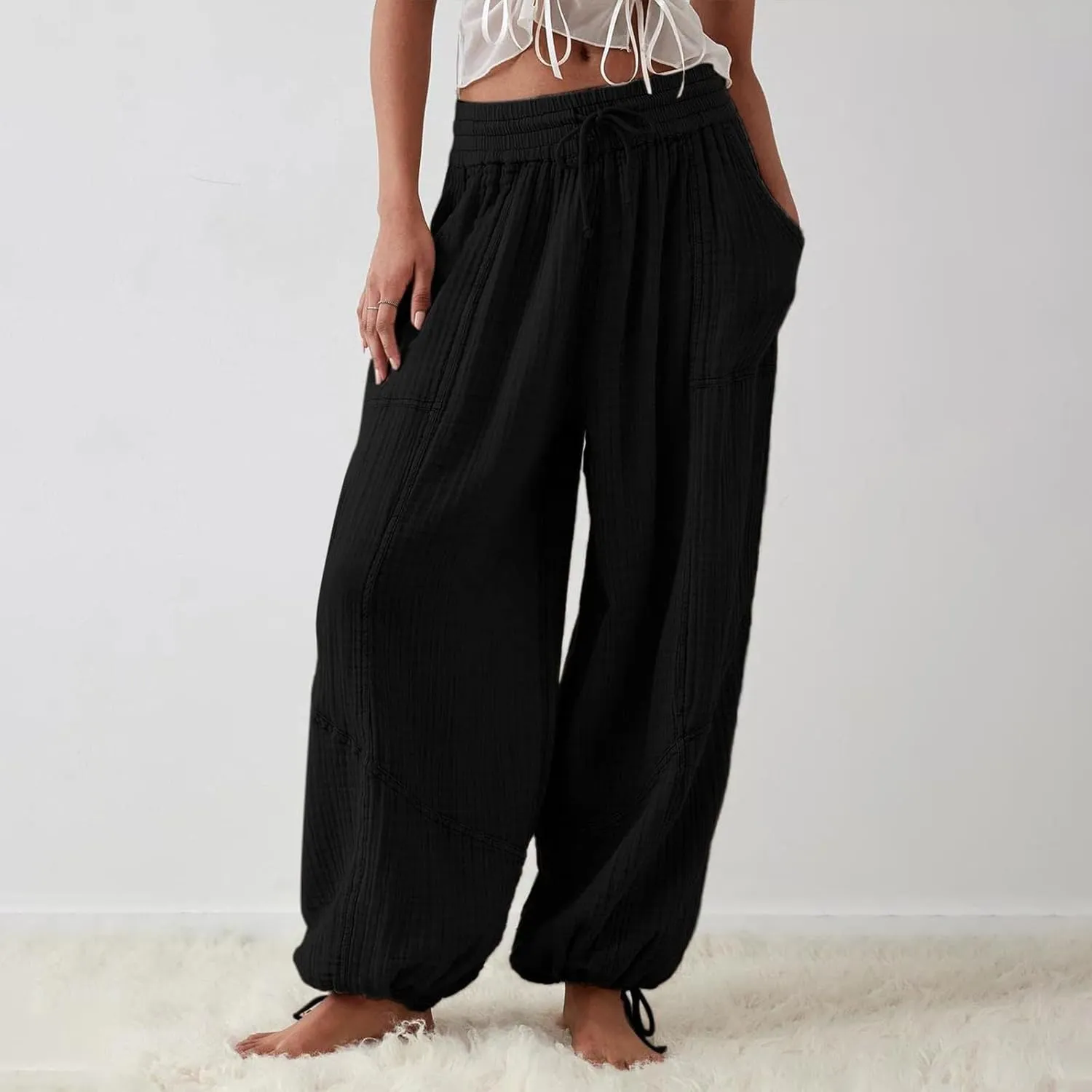Litetao Wide Leg Pants Women Plus Size Comfy Hippie Harem Pants Baggy Linen High Waist Sweatpants Casual Trouser with Pockets