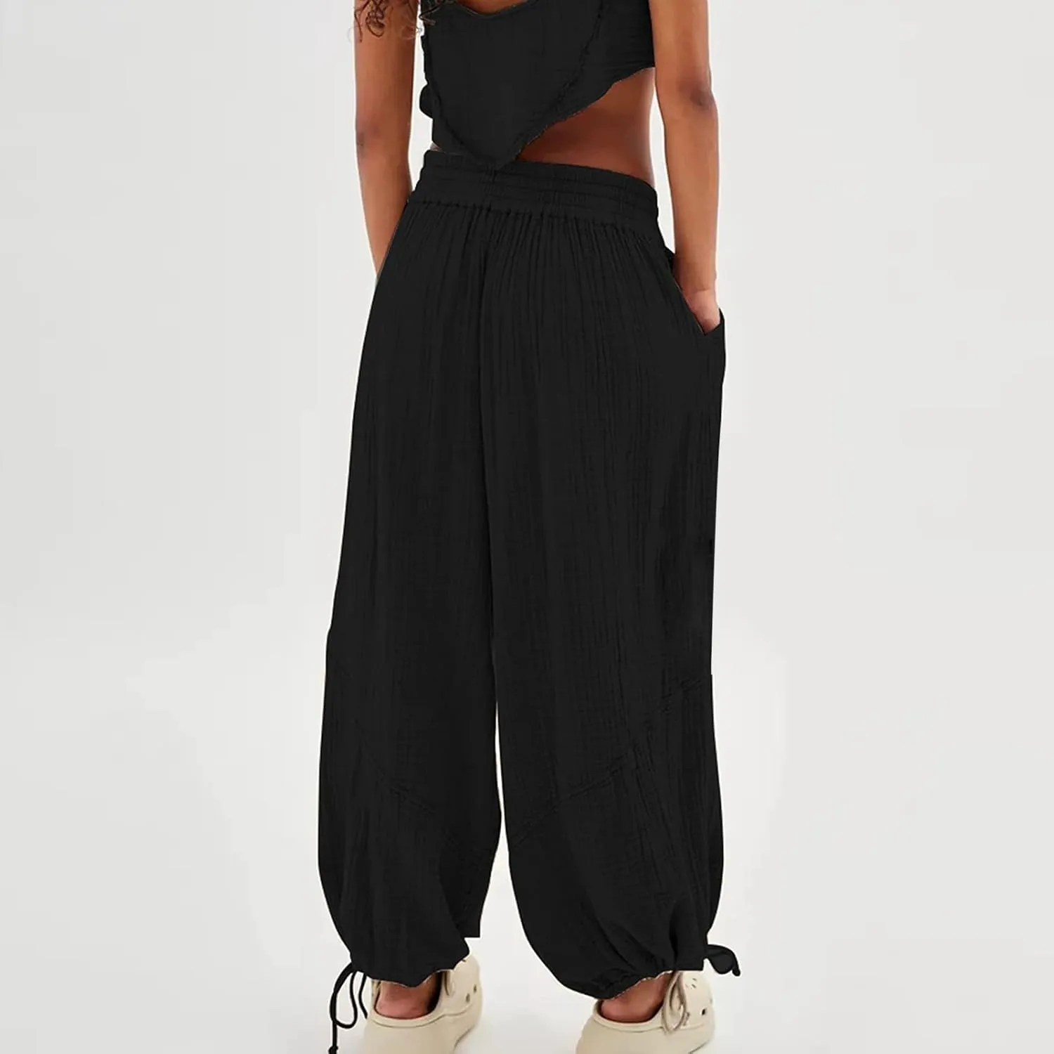 Litetao Wide Leg Pants Women Plus Size Comfy Hippie Harem Pants Baggy Linen High Waist Sweatpants Casual Trouser with Pockets